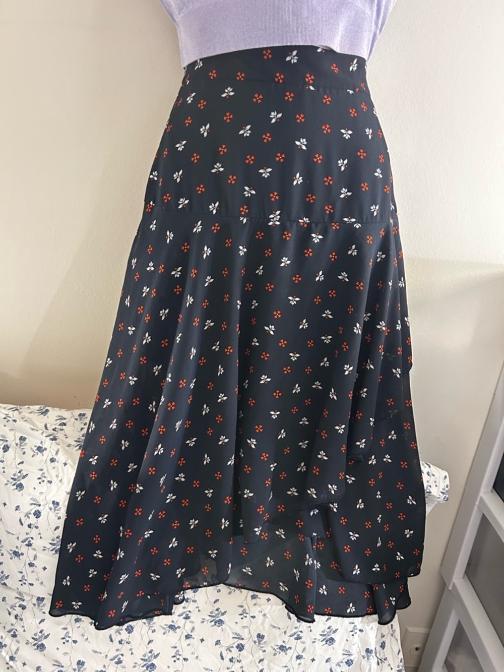 H&M Navy Floral Asymmetrical Ruffle Skirt Size 10 Cottagecore